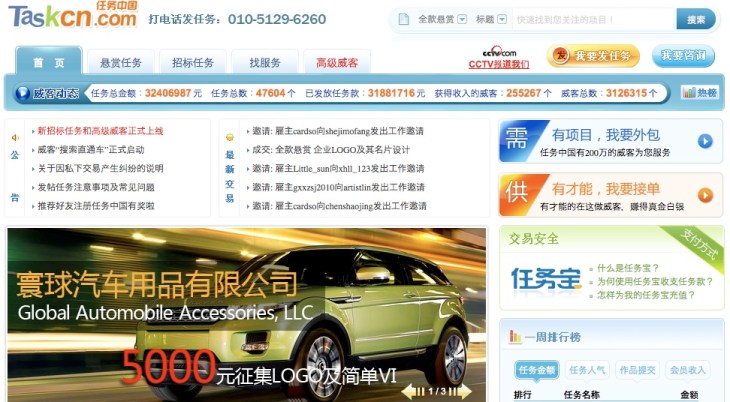 Hompage of crowdsourcing platform TaskCN