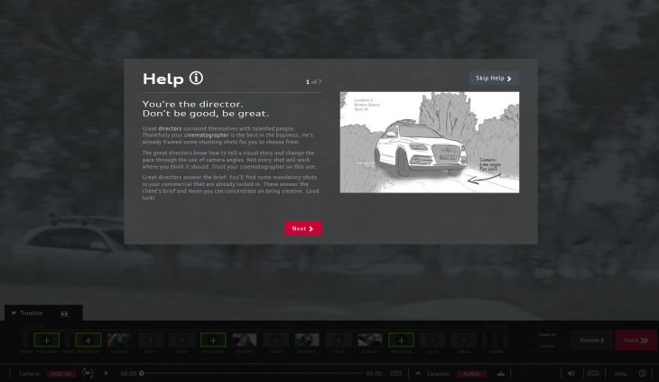 The introduction screen: "Great directors answer the brief. You'll find some mandatory shots in commercial that are already locked in. These answer the client's brief and mean you can concentrate on being creative"