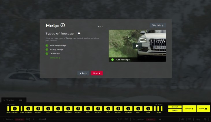 Types of footage: "There are three types of footage that you will need to include in your timeline: mandatory footage, activity footage, car footage"