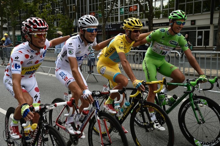 The Tour's leader jerseys, from left to right: King of the Mountains, Best Young Rider, Overall Winner and Best Sprinter.