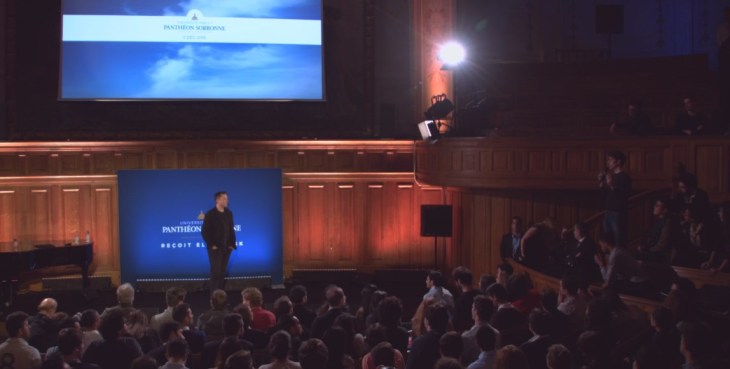 Elon Musk at center stage (Richelieu amphitheatre), taking questions from the audience