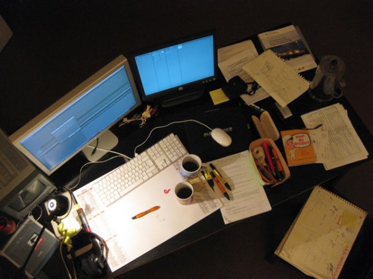 Long working hours... Damien's desk